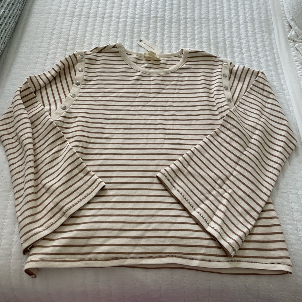 Anthropologie Maeve brown and cream striped shirt with snaps on shoulders. S
